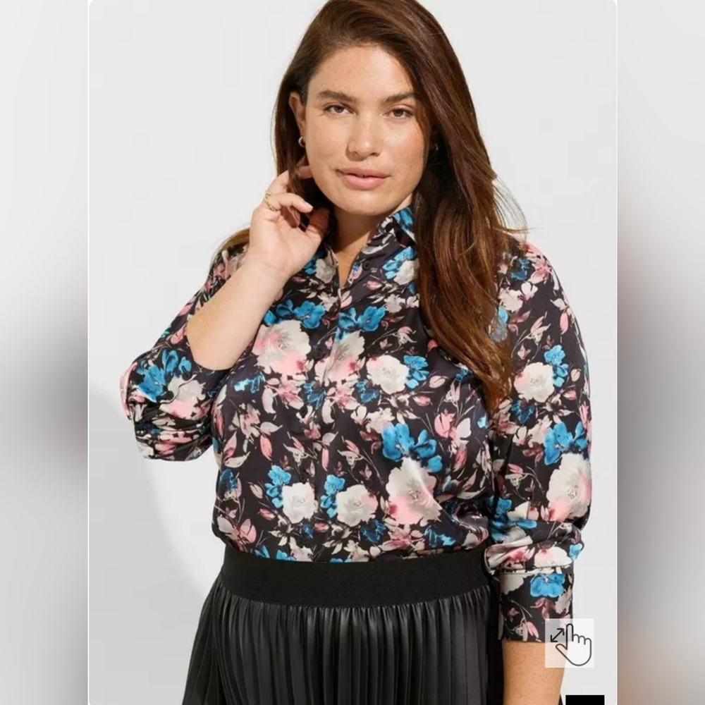 Torrid Black Floral Madison Satin Button-Up Long Sleeve Shirt 4X 26